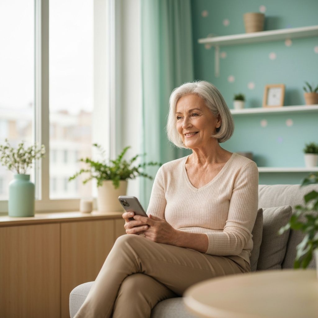 Eine ältere Frau sitzt in ihrem hellen Wohnzimmer und nutzt entspannt die CareLink App auf ihrem Smartphone