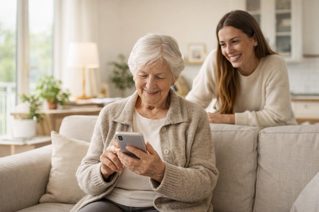 Angehörige unterstützt eine ältere Person im Alltag