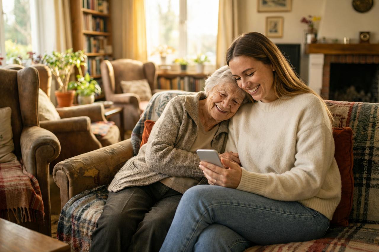Tochter und Mutter sitzen gemeinsam auf einer Couch